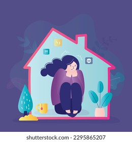Sadness, mental depression, bad news concept. Young unhappy woman sitting on floor at home, hugging knees hands, feeling depressed by thoughts after negative events, crying, suffering. Panic attack.