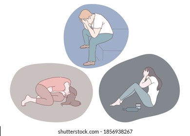 Sadness, mental depression, grief concept. Young unhappy depressed people covering faces with hands and suffering from bad news and depression with thoughts after negative events illustration