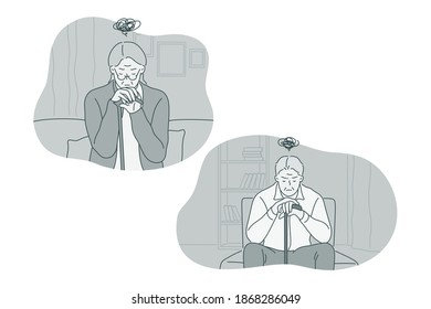 Sadness, mental depression, loneliness concept. Old elderly unhappy people sitting at home feeling lonely and suffering from depressed state of mind and loneliness illustration 