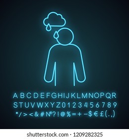 Sadness neon light icon. Bad mood. Depression and fatigue. Apathy. Stress symptom. Glowing sign with alphabet, numbers and symbols. Vector isolated illustration