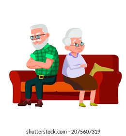 Sadness Old Man And Woman Disagreement Vector. Angry Grandfather And Grandmother Sitting On Sofa, Divorce And Quarrel. Characters Misunderstanding And Communicative Problem Flat Cartoon Illustration