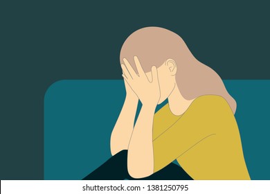 Sadness, pain, depression concept with woman crying vector illustration.