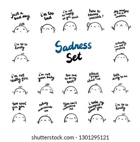 Sadness set with cute marshmallow hand drawn illustration