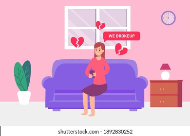Sadness vector concept: Young woman crying on the sofa while looking at her mobile phone at home 