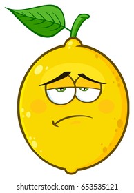 Sadness Yellow Lemon Fruit Cartoon Emoji Face Character With Tired Expression. Vector Illustration Isolated On White Background