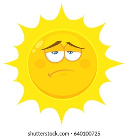 Sadness Yellow Sun Cartoon Emoji Face Character With Expression. Vector Illustration Isolated On White Background