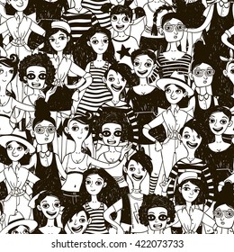 Saeamless pattern with doodle women in retro style.