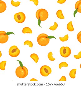 Saemless pattern with cartoon detailed exotic peach on white background. Summer fruits for healthy lifestyle. Organic fruit. Vector illustration for any design.