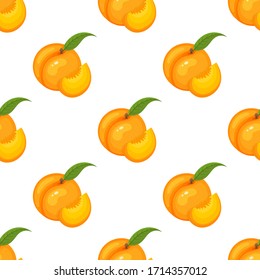 Saemless pattern with cartoon detailed exotic peach on white background. Summer fruits for healthy lifestyle. Organic fruit. Vector illustration for any design.
