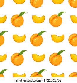 Saemless pattern with cartoon detailed exotic peach on white background. Summer fruits for healthy lifestyle. Organic fruit. Vector illustration for any design.