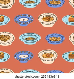 Saemless pattern of Italian dishes. Pasta, soup, risotto, Ossobuco, pizza with mozzarella, gnocchi, ravioli, caprese, tiramisu Colorful bright vector illustration in modern style