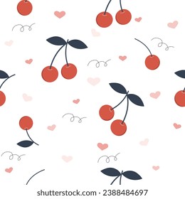 saemless pattern of red cherries with blue leaves , mini hearts , wavy dotted lines on white background   , vector , illustration