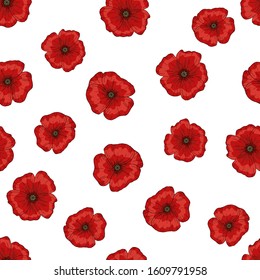 Saemless pattern with red poppy flowers. Papaver. Green stems and leaves. Hand drawn vector illustration. Isolated on white background.