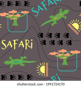 Safari abstraction, seamless pattern , multi-colored elements on dark background, lizard, tree, mountains, animal footprints. Vector illustration, design for wallpaper, children's textiles and more.