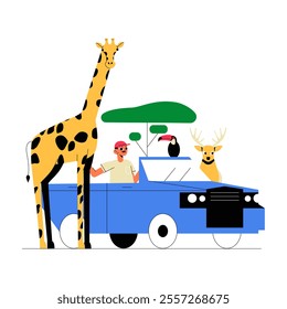 Safari Adventure With Giraffe, Deer, Toucan, And Male Tourist In Vehicle, Flat Vector Illustration Symbolizing Wildlife Exploration And Outdoor Travel, Isolated On White Background.