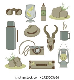 Safari adventure themed set of illustrations (12) with a retro vintage feel. Grab binoculars, a thermos of coffee and a camera to explore the great outdoors and travel the wildest plains of Africa