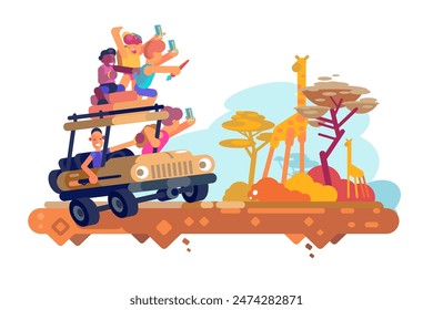 Safari Adventure Tour, vector illustration, Wildlife Exploration Scene