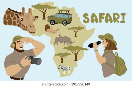 Safari in Africa. A girl with backpack and binoculars looks at the wild animals. Lion, rhino, zebra and giraffe. Safari jeep. Male photographer. Zanzibar