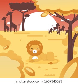 Safari in Africa. Lion animal on African savannah landscape. Wildlife flat vector illustration. Zebra and giraffe silhouette on sunset. Feline carnivore cartoon character. Lion the king of jungle.