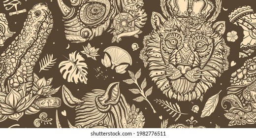 Safari in Africa. Seamless pattern. Royal lion, evil crocodile and romantic rhino. African wild animals portrait. Old school tattoo vector background. Traditional tattooing style. Zoo background