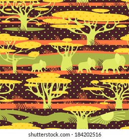 Safari in Africa seamless polka dots background. Elephants on african savannah. Vector pattern.