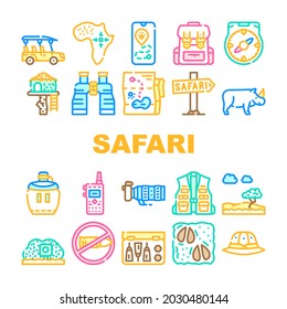 Safari African Hunting Vacation Icons Set Vector. Rhinoceros Animal Hunt In Safari And Hunter Equipment, Compass And Binoculars Tool, Walkie-talkie And Flask Drink Line. Color Illustrations