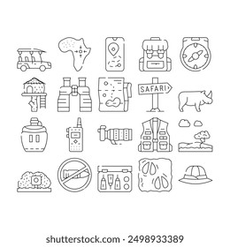 Safari African Hunting Vacation Icons Set Vector. Rhinoceros Animal Hunt In Safari And Hunter Equipment, Compass And Binoculars Tool, Walkie-talkie And Flask Drink Contour Illustrations