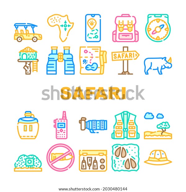Safari African Hunting Vacation Icons Set\
Vector. Rhinoceros Animal Hunt In Safari And Hunter Equipment,\
Compass And Binoculars Tool, Walkie-talkie And Flask Drink Line.\
Color Illustrations