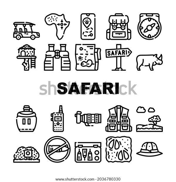 Safari African Hunting Vacation Icons Set\
Vector. Rhinoceros Animal Hunt In Safari And Hunter Equipment,\
Compass And Binoculars Tool, Walkie-talkie And Flask Drink Contour\
Illustrations