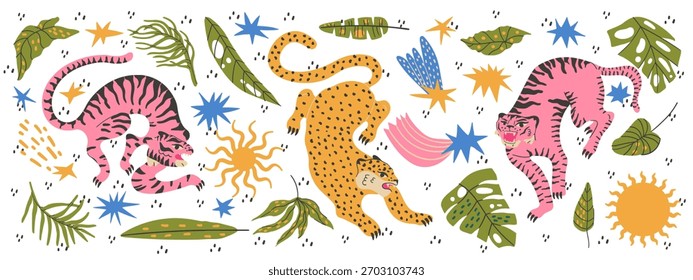 Safari animal bundle with leopard tiger and tropical jungle plants. Kids' room decorations and educational materials