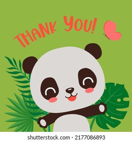 Safari animal card with cute panda. Thank you text. Funny little panda bear and tropical leaves on the background.