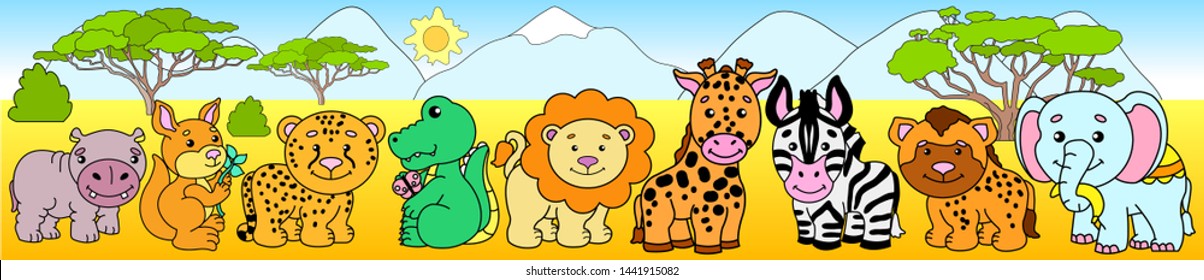 Safari. Animal collection: hippopotamus, kangaroo, cheetah, elephant, zebra, lion, hyena, crocodile, giraffe