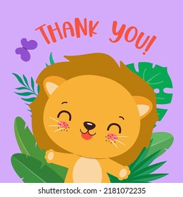 Safari animal cute lion cub and tropical background  Adorable baby lion smile  Kawaii style cartoon character leo  Card design and text  Good for kids print  poster  mascot 