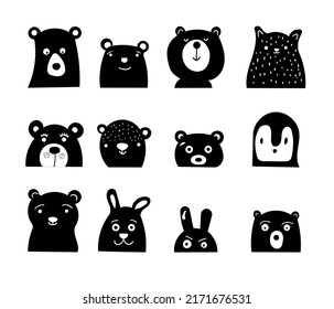 Safari animal faces kawaii style. Cute animals heads icons. Fun vector illustration animals.