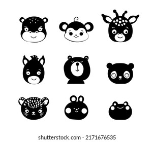 Safari animal faces kawaii style. Cute animals heads icons. Fun vector illustration animals.