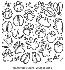 Safari animal footprints such us lion, zebra, hippo, rhino, elephant, giraffe, gorilla. Black and white outline vector illustration. Colouring page for kids.