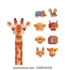 Safari animal head flat pixel art 80s style icons set giraffe kangaroo monkey and llama isolated vector illustration. Design template for stickers, logo, mobile applications, embroidery. 
