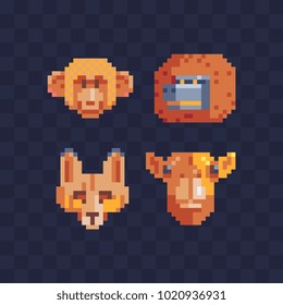 Safari animal head flat pixel art 80s style icons set. Design template for stickers, logo, mobile applications, embroidery. Fox monkey and llama head isolated vector illustration. 