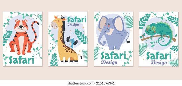 Safari animal jungle greeting cards template print concept. Vector flat graphic design element

