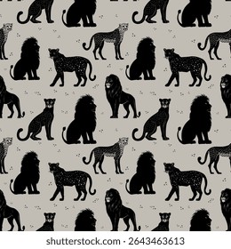 Safari Animal Pattern with Lions, Hyenas, and Cheetahs. African Wildlife Seamless Pattern on Gray Background