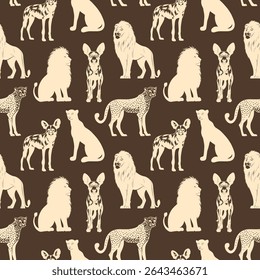 Safari Animal Pattern with Lions, Hyenas, and Giraffes. Seamless African Wildlife Design on Brown Background