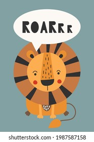 Safari animal posters for baby nursery room. Kids wall art cute lion roar. Vector print illustration.