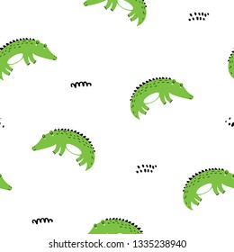 Patrón de animal salvaje sin costura con cocodrilo lindo. Textura vectorial en estilo infantil, excelente para tela y textil, papel pintado, fondo. Colores pasteles.