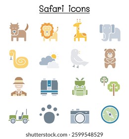 Safari , animal, wildlife, animal icon set in flat color style