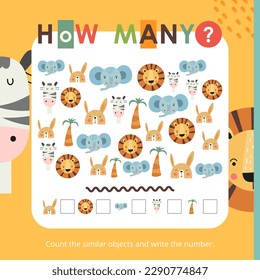 Safari Animals activities for kids. How many. Count the number of hare, lion, elephant, zebra, palm. Vector illustration. Book square format.