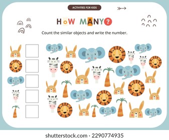 Safari Animals activities for kids. How many. Count the number of hare, lion, elephant, zebra, palm. Vector illustration.