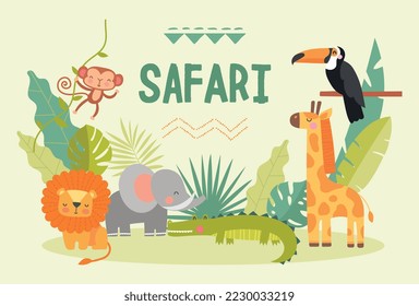 El fondo de los animales de Safari. Cartel o banner para el sitio web, animales tropicales y exóticos. Girafa, hipopótamo y león, mono y cocodrilo. Vida silvestre y fauna, biología. Dibujo vectorial plano de dibujos animados