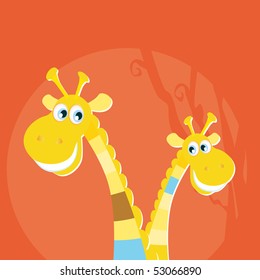 Safari animals - big and small giraffe. Two yellow giraffes in red sunset savannah. Vector cartoon illustration.