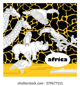 Safari animals and birds set. Vector safari  animals and birds made in flat, lineal style.  Safari animals and birds separately grouped, isolated on giraffe print background. 