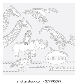 Safari animals and birds. Vector safari animals and birds in flat, lineal style. Easy recolor. Safari animals and birds isolated. Safari animals and birds background.
